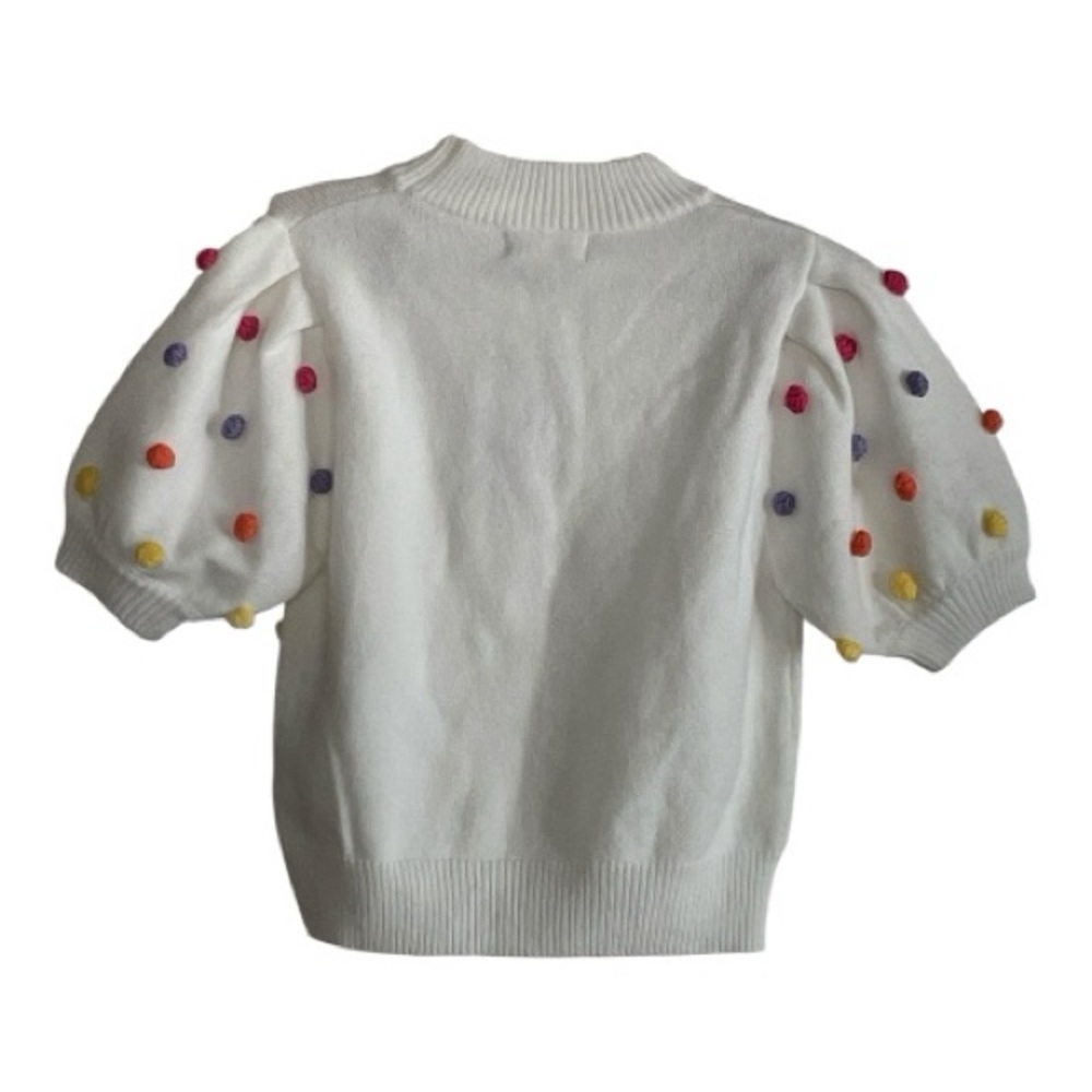 Peach Love California White Berkley Short Sleeve Sweater w/ Pom Pom  Size Small - Picture 2 of 5